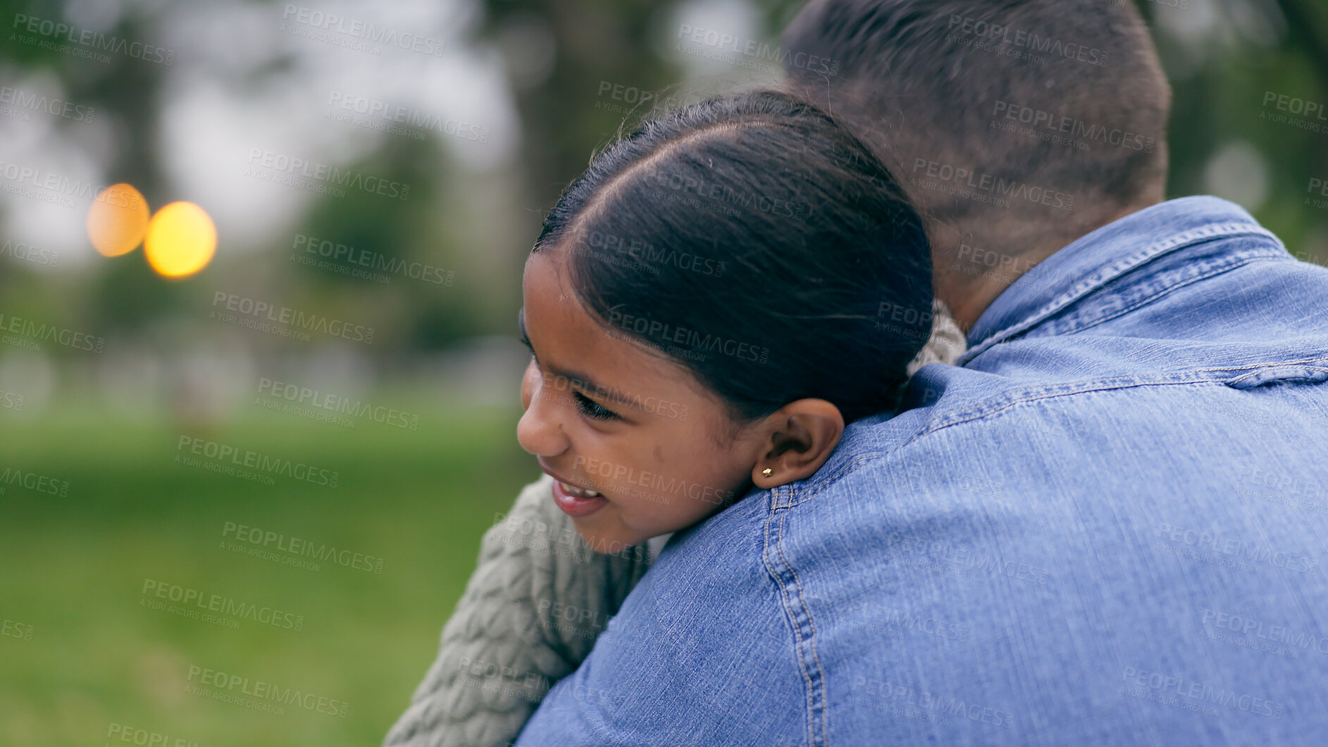 Buy stock photo Outdoor, hug and father with girl, love and care with happiness, vacation and childhood. Family, dad and in a park, embrace and relax with trust, relationship and bonding together with weekend break