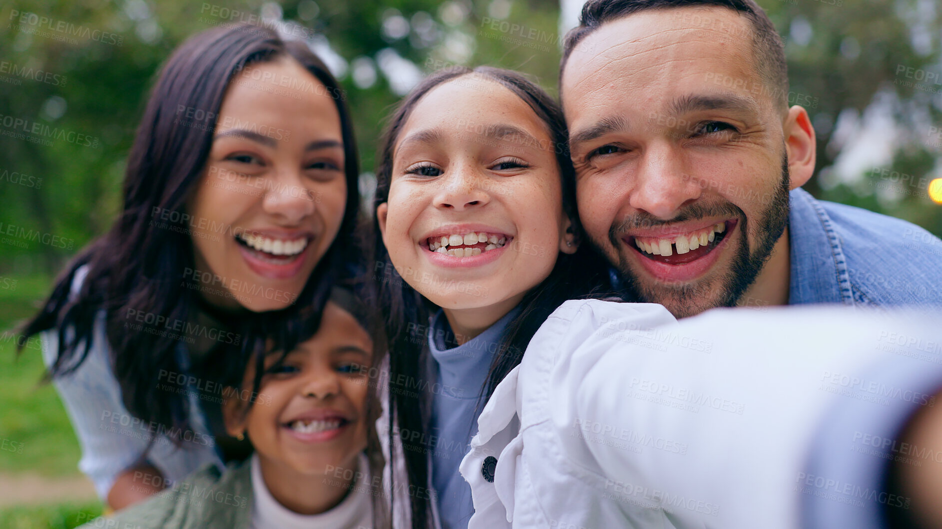 Buy stock photo Park selfie of mom, dad and happy kids with smile, love and bonding on weekend in nature. Photography, fun and memory for family, face of mother and father with children in garden in playful portrait