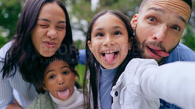 Buy stock photo Funny selfie in park, parents and happy kids with smile, love and bonding on weekend in nature. Photography, fun and family memory, mother and father with children in green garden in playful portrait