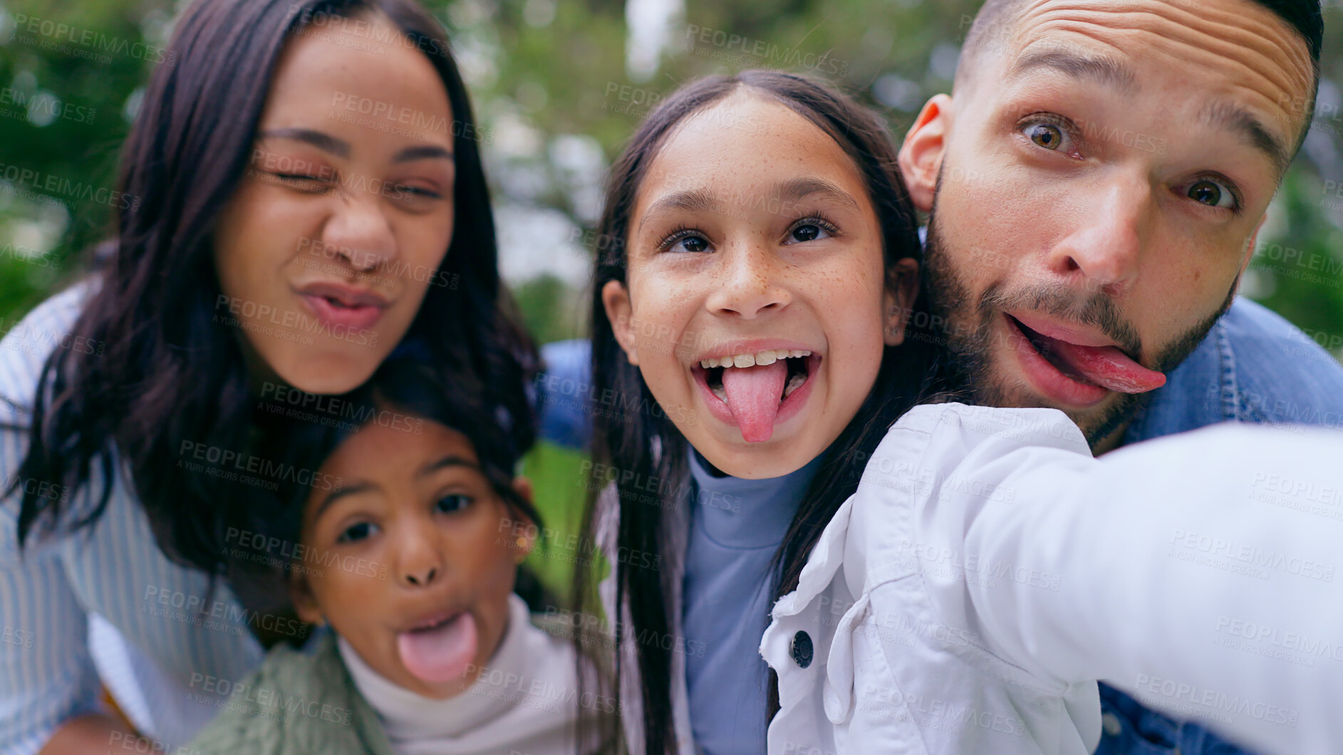 Buy stock photo Funny selfie in park, parents and happy kids with smile, love and bonding on weekend in nature. Photography, fun and family memory, mother and father with children in green garden in playful portrait