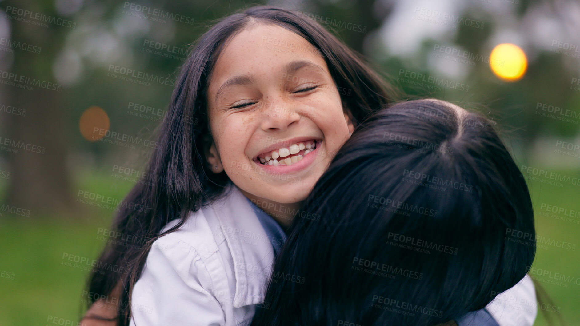 Buy stock photo Girl, smile and hug mom in garden, backyard and outdoor with love, care and support together. Happy, child and mother in embrace with joy, freedom and family in park or nature on holiday or vacation