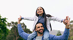 Father, daughter and shoulder for plane in park for smile, bonding or holding hands for love on vacation. Dad, girl child and piggy back for care, happy or family in summer, holiday or play airplane