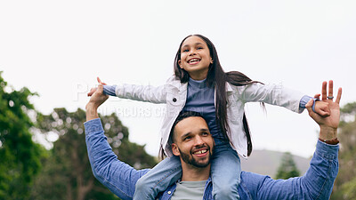 Buy stock photo Father, daughter and shoulder for plane in park for smile, bonding or holding hands for love on vacation. Dad, girl child and piggy back for care, happy or family in summer, holiday or play airplane