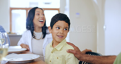 Buy stock photo Happy, boy and talking to grandfather at dinner, lunch or family bonding together at table Generations, mother and kid conversation with senior man in home at brunch with love, care and support 