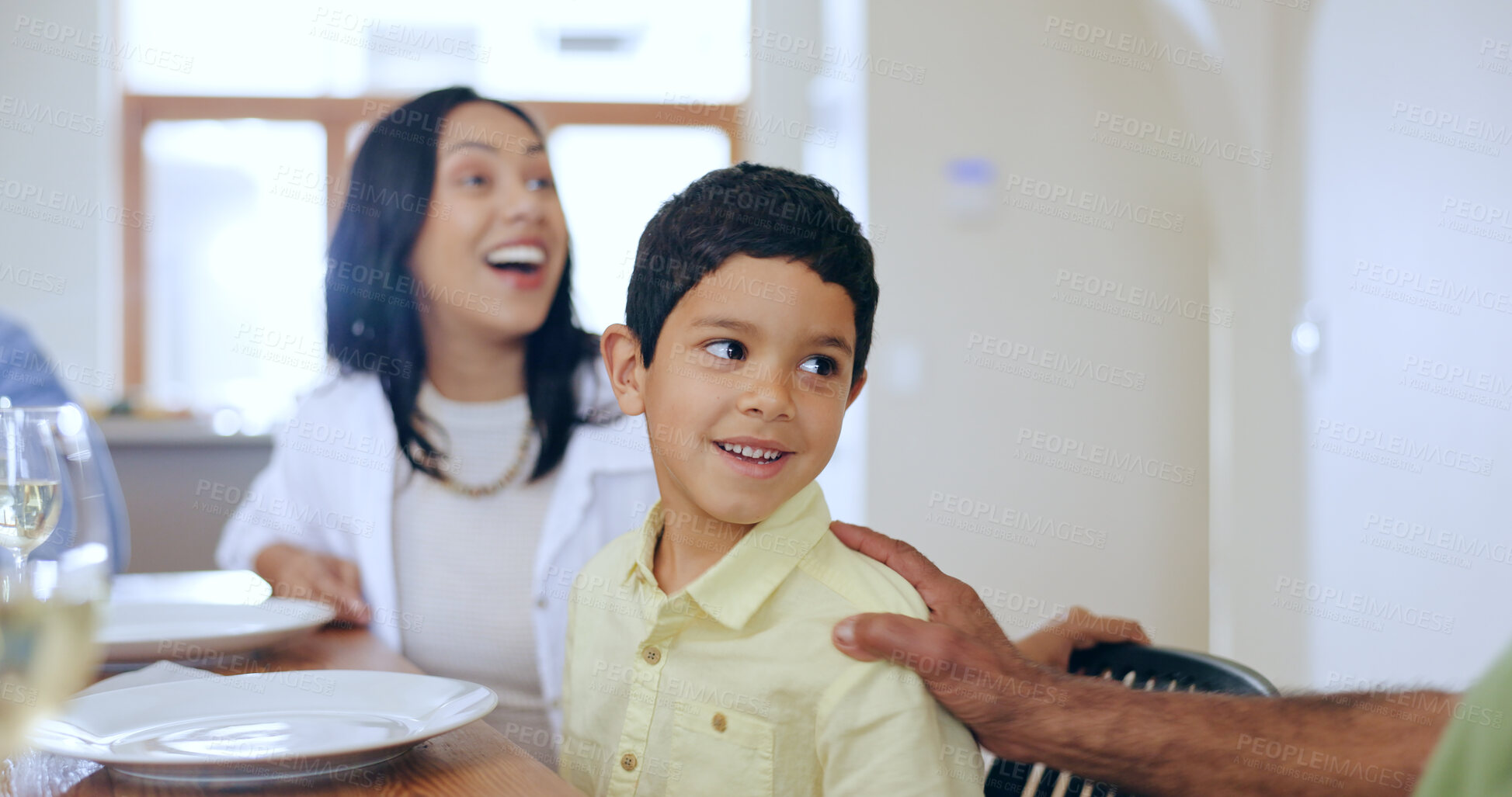 Buy stock photo Happy, boy and talking to grandfather at dinner, lunch or family bonding together at table Generations, mother and kid conversation with senior man in home at brunch with love, care and support 