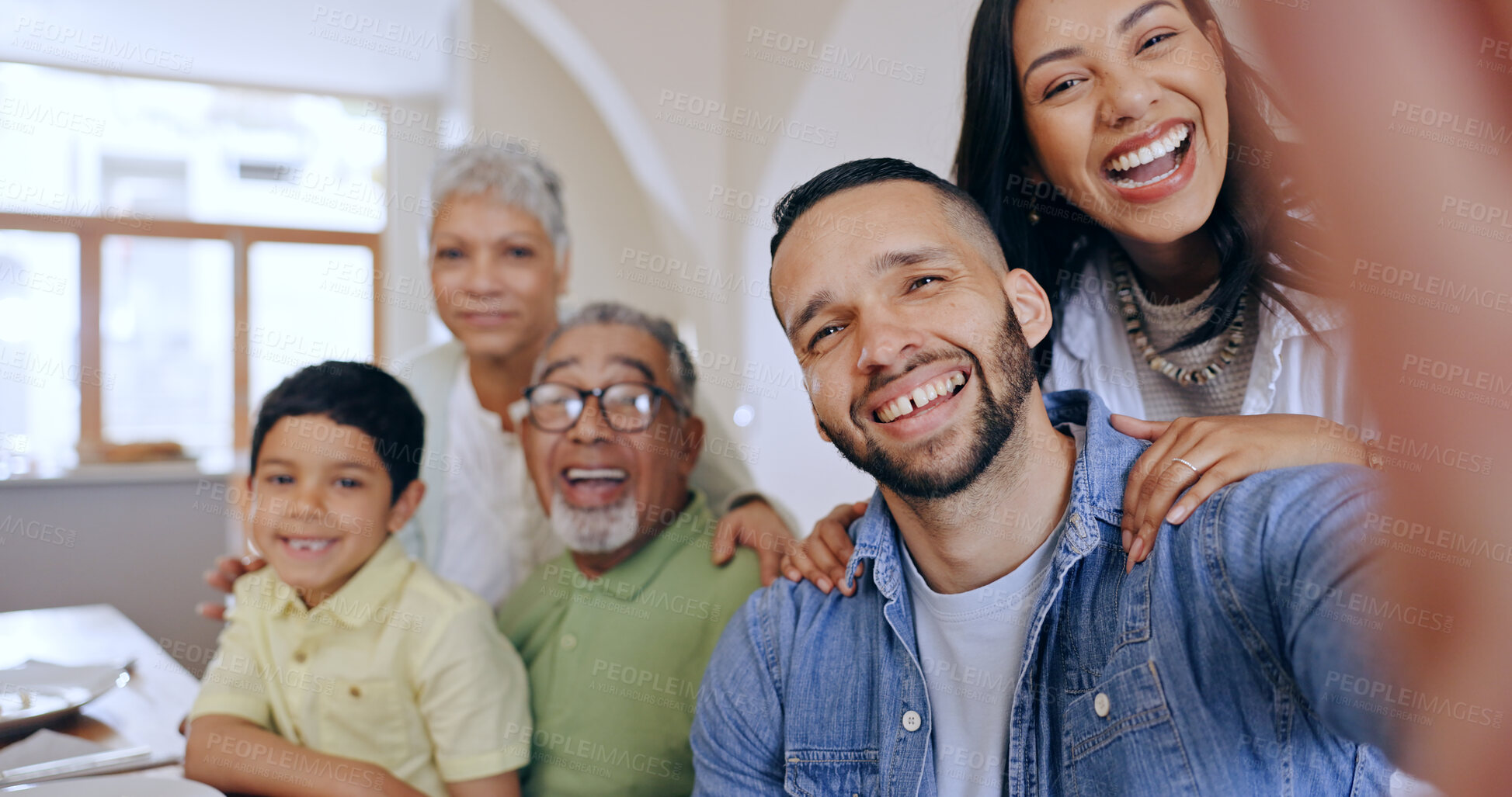 Buy stock photo Happy, big family and selfie in home at dinner, party or together with freedom on holiday or vacation. Parents, child and grandparents smile for social media, memory and photography of event in house