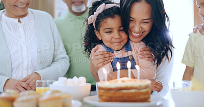 Buy stock photo Child with birthday cake, candles and family to celebrate with smile, fun and love together in home. Happiness, gift and congratulations, mom and grandparents at kids party with excited children.