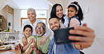 Happy, big family and selfie in home at dinner, party or together with freedom on holiday or vacation. Parents, children and grandparents smile for social media, memory and photography in house