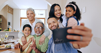 Buy stock photo Happy, big family and selfie in home at dinner, party or together with freedom on holiday or vacation. Parents, children and grandparents smile for social media, memory and photography in house