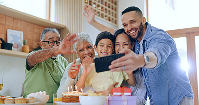 Buy stock photo Child with birthday cake, selfie and family to celebrate with smile, fun and love together in home. Photography, gift and congratulations, parents and grandparents at kids party with excited boy.