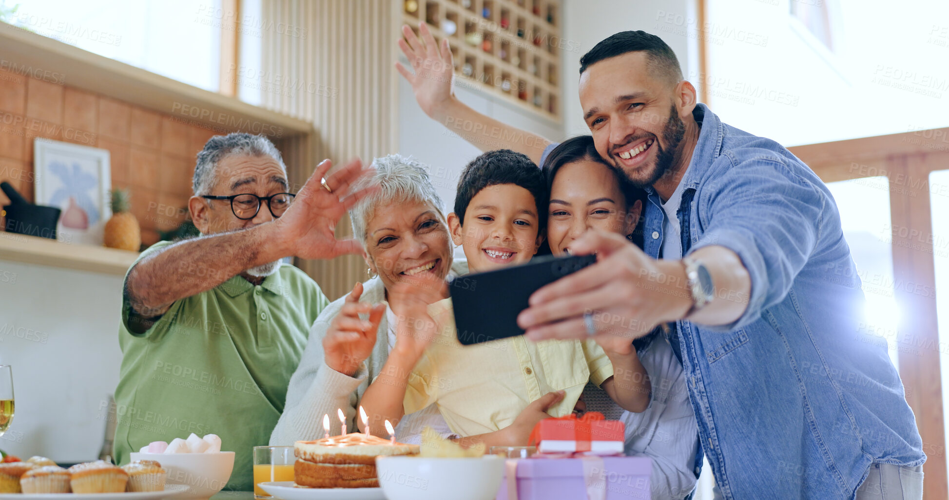 Buy stock photo Child with birthday cake, selfie and family to celebrate with smile, fun and love together in home. Photography, gift and congratulations, parents and grandparents at kids party with excited boy.