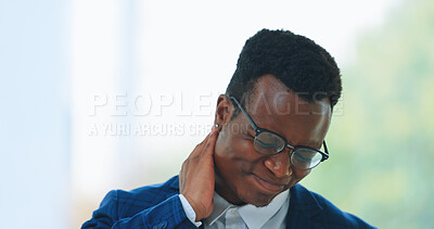 Buy stock photo Business, man and neck pain in office with stress, burnout and risk in corporate company from injury. Black person, employee or entrepreneur with muscle ache, inflammation or discomfort from strain