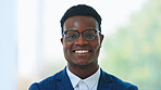 Portrait, business and black man with a smile, glasses and accountant with confidence, entrepreneur and happiness. Face, African person and model with joy, eyewear and clear vision with consultant