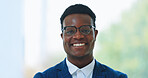 Happy, office and portrait of business black man with pride, confidence and positive mindset for ambition. Corporate, company and face of person with glasses for career, work and job in workplace