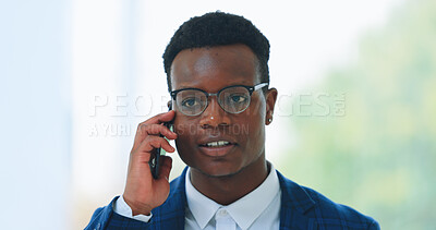 Business man, phone call and communication in office for consulting, corporate deal or chat to contact. Face of african worker, mobile networking or thinking of feedback, conversation and negotiation