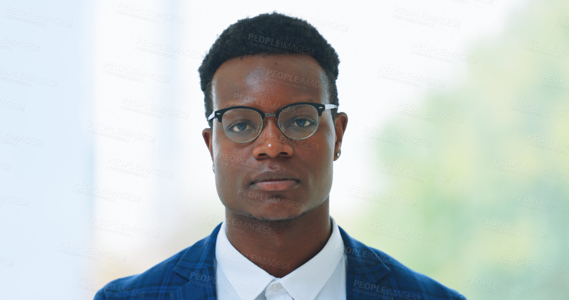 Buy stock photo Portrait, glasses and serious with business black man in an office for corporate of professional work. Face, mission and mindset with a young employee in a workplace for growth or company development