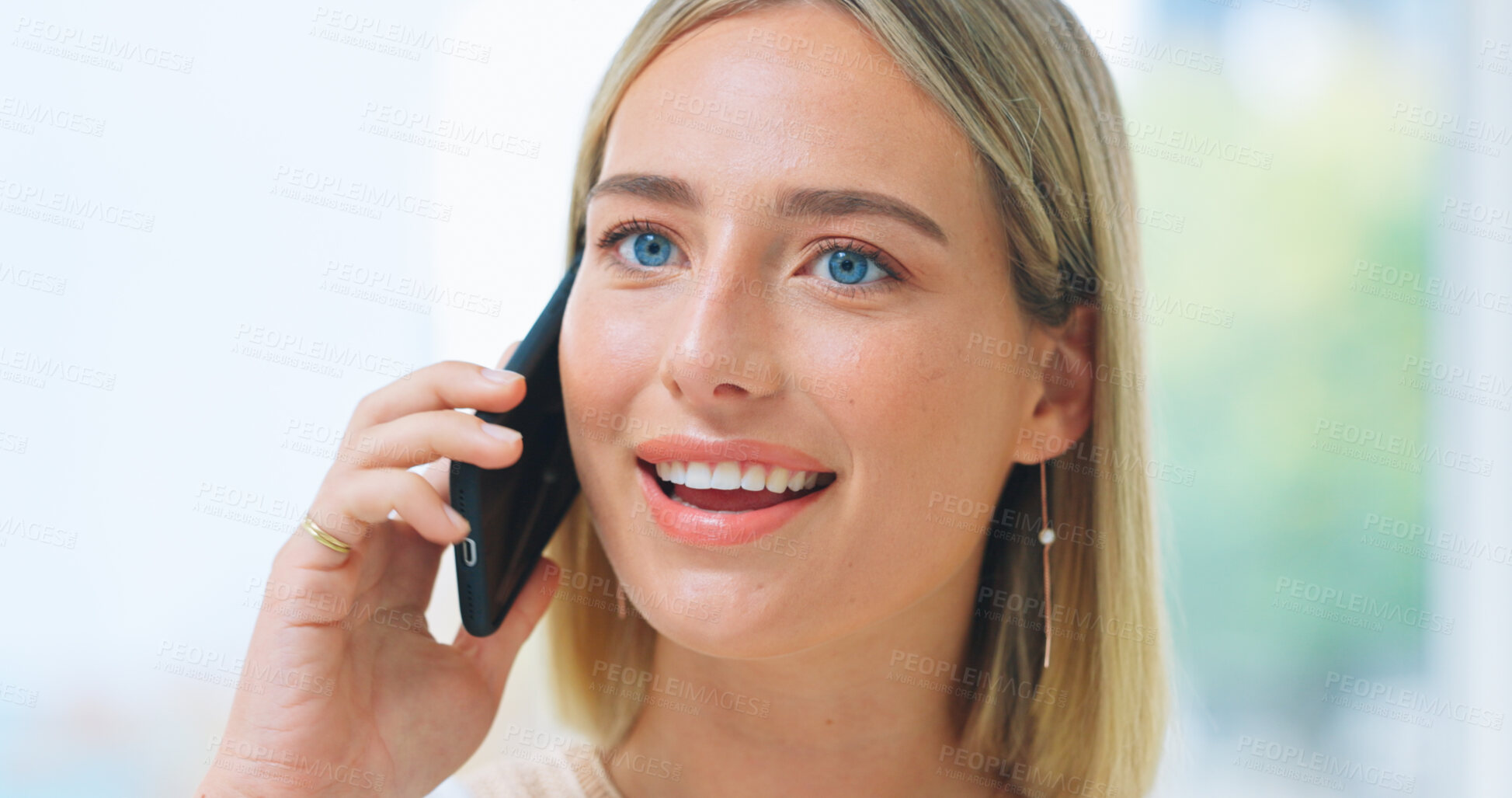 Buy stock photo Face, phone call and smile with a young woman talking on her mobile for communication or networking. Contact, technology and conversation with a happy person chatting or speaking on her device