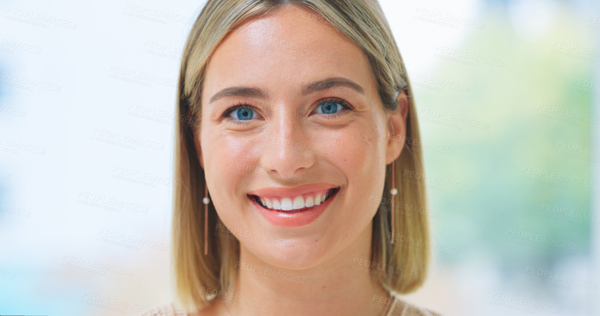 Buy stock photo Happy, woman and portrait in office with human resources, onboarding or welcome in blurred background. Hr, smile and we are hiring with professional recruitment manager in workplace or company