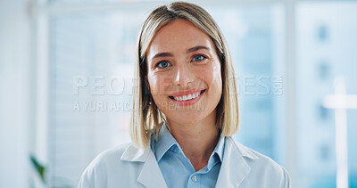 Buy stock photo Portrait, woman and doctor in hospital with smile, integrity and professional healthcare. Face, happy and confident medical expert, worker and employee consulting with trust, pride and help in clinic