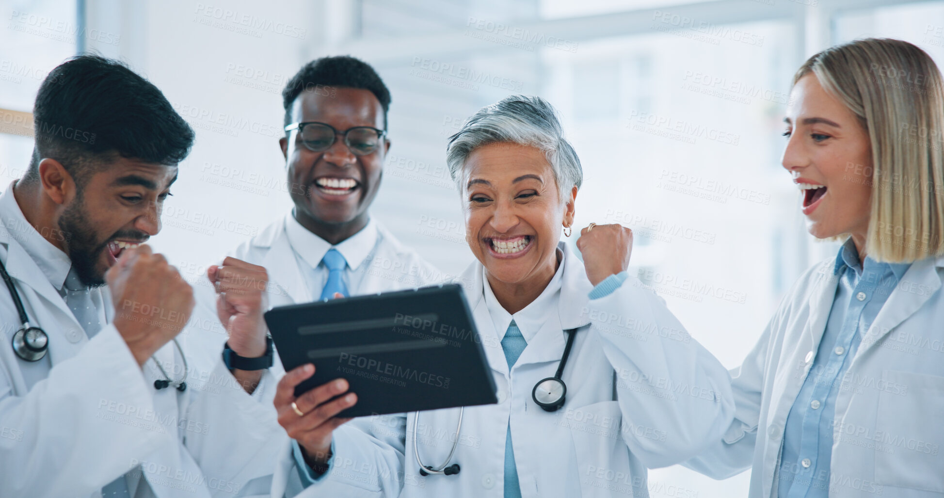 Buy stock photo Doctors, teamwork and celebration on tablet for hospital results, healthcare solution and reading report with mentor. Professional medical group of people on digital technology for winning or success