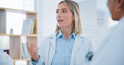 Buy stock photo Hospital woman, meeting or doctors talking, planning or cooperation on medical support, clinic service or healthcare. Discussion, leader and team surgeon, nurse and medicine expert report group ideas