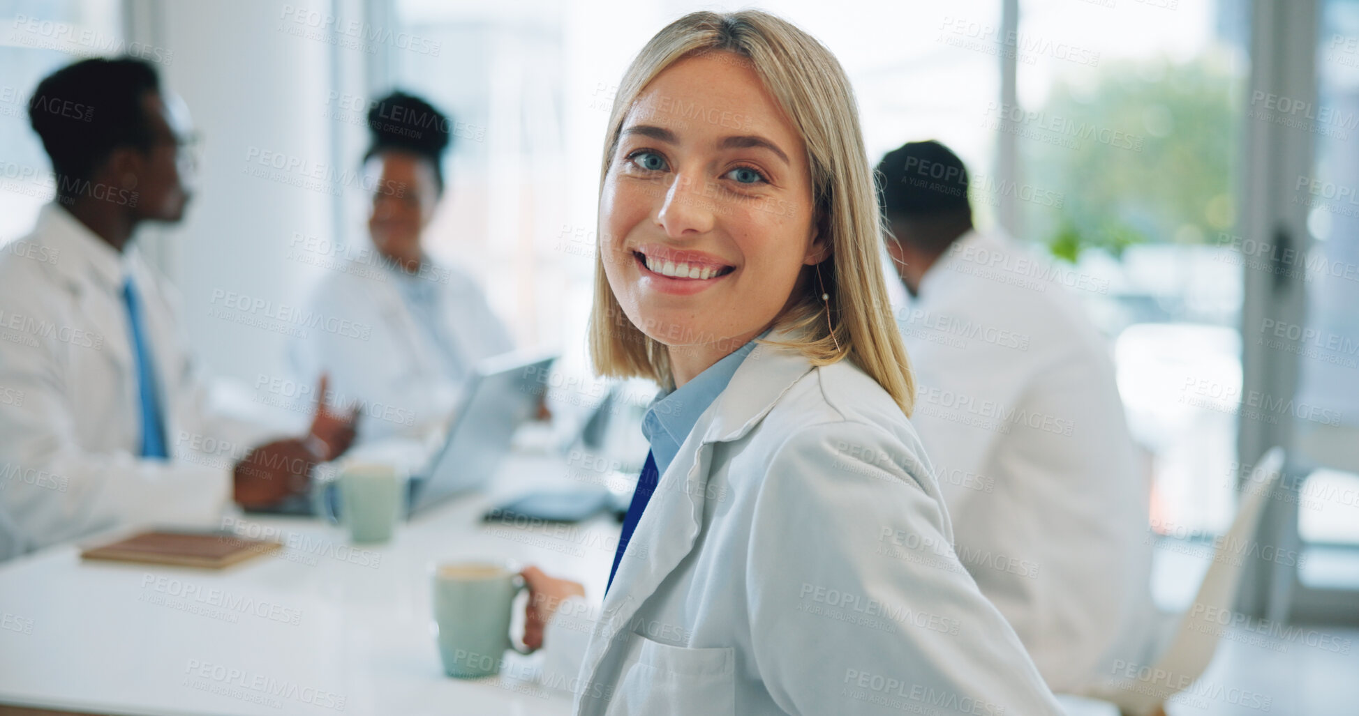 Buy stock photo Portrait, woman and doctors in a meeting, smile and healthcare with planning, hospital and teamwork. Face, professional and group with management staff, research and brainstorming with medicare