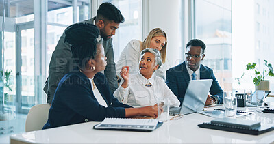 Buy stock photo Business people, team and manager on laptop for training, planning strategy and brainstorming at office desk. Computer, ceo and mentor coaching group, financial consultant and meeting collaboration