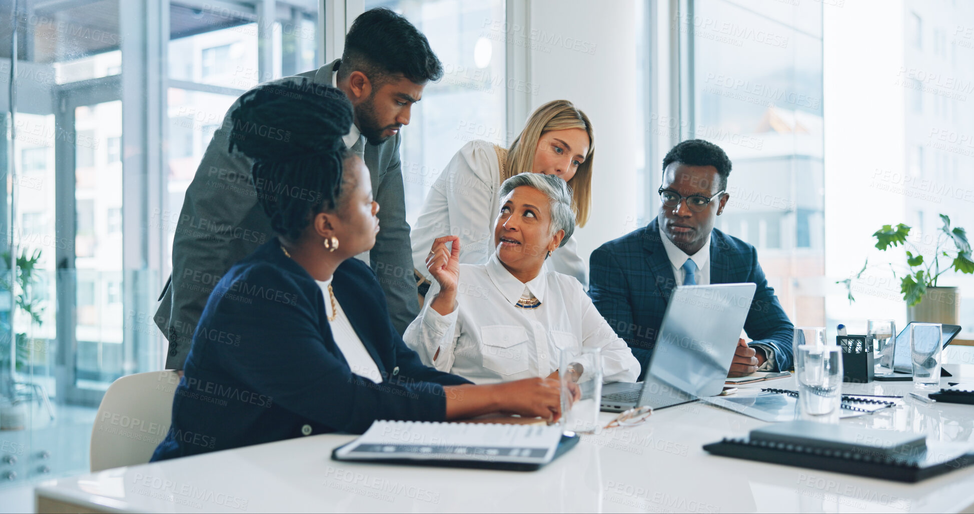 Buy stock photo Business people, team and manager on laptop for training, planning strategy and brainstorming at office desk. Computer, ceo and mentor coaching group, financial consultant and meeting collaboration