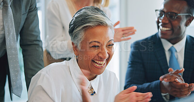 Buy stock photo Happy woman, business people and group celebrate, applause and cheers for corporate deal, promotion or goals achievement. Group praise, winner congratulations and mature CEO clapping for success news