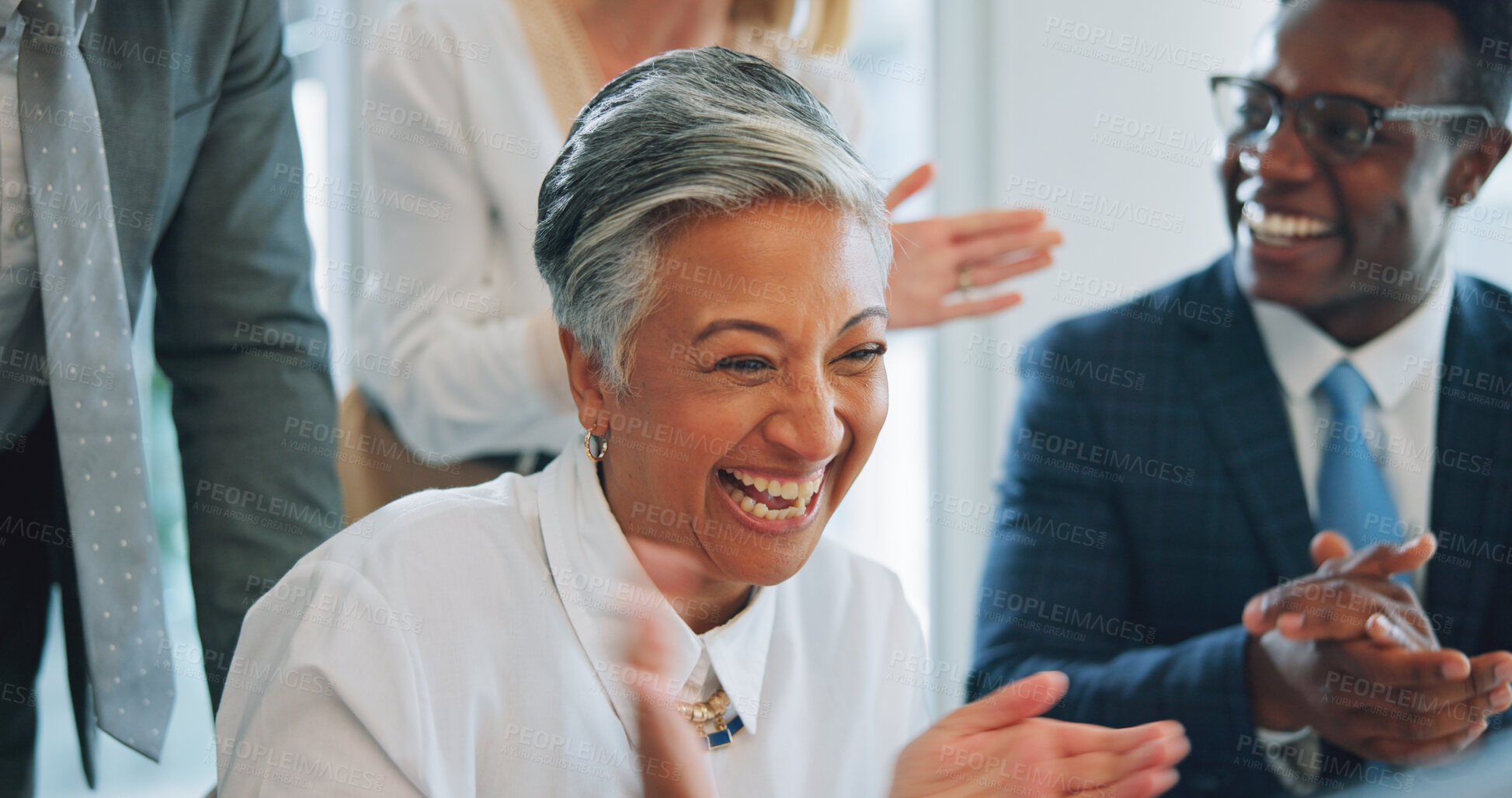 Buy stock photo Happy woman, business people and group celebrate, applause and cheers for corporate deal, promotion or goals achievement. Group praise, winner congratulations and mature CEO clapping for success news