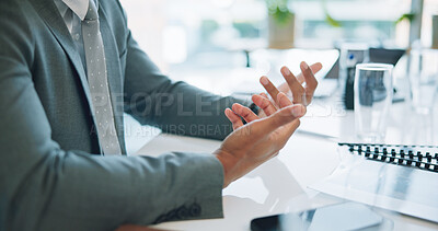 Buy stock photo Business, hands or gesture with documents for discussion, meeting or communication at work desk in office. Professional, person or employee with feedback, review or coaching at workplace for training