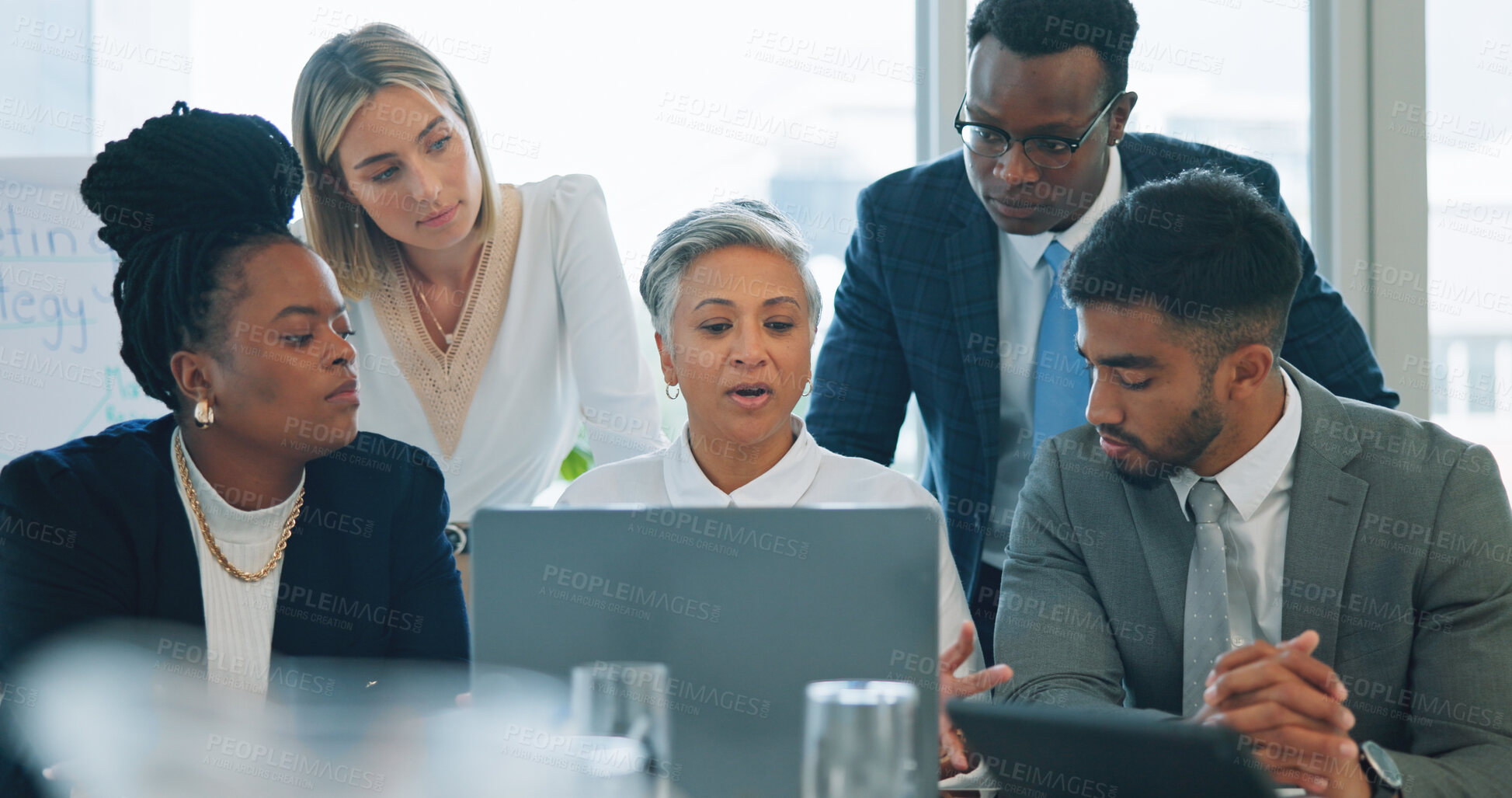 Buy stock photo Business people, laptop and meeting in diversity for teamwork, collaboration or planning at office. Group of employees on computer for team strategy, project plan or discussion together at workplace