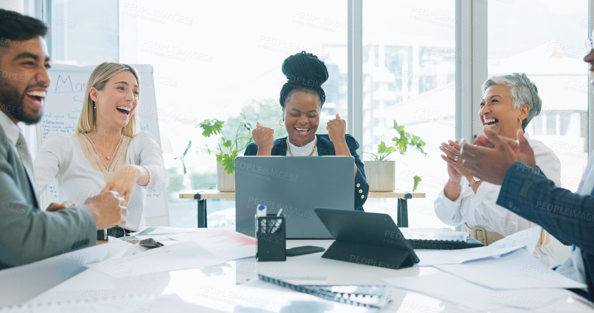 Buy stock photo Laptop, celebration or excited business people cheers for budget funding bonus, sales increase or web announcement. Investment deal success, winner and celebrate income, revenue or profit achievement