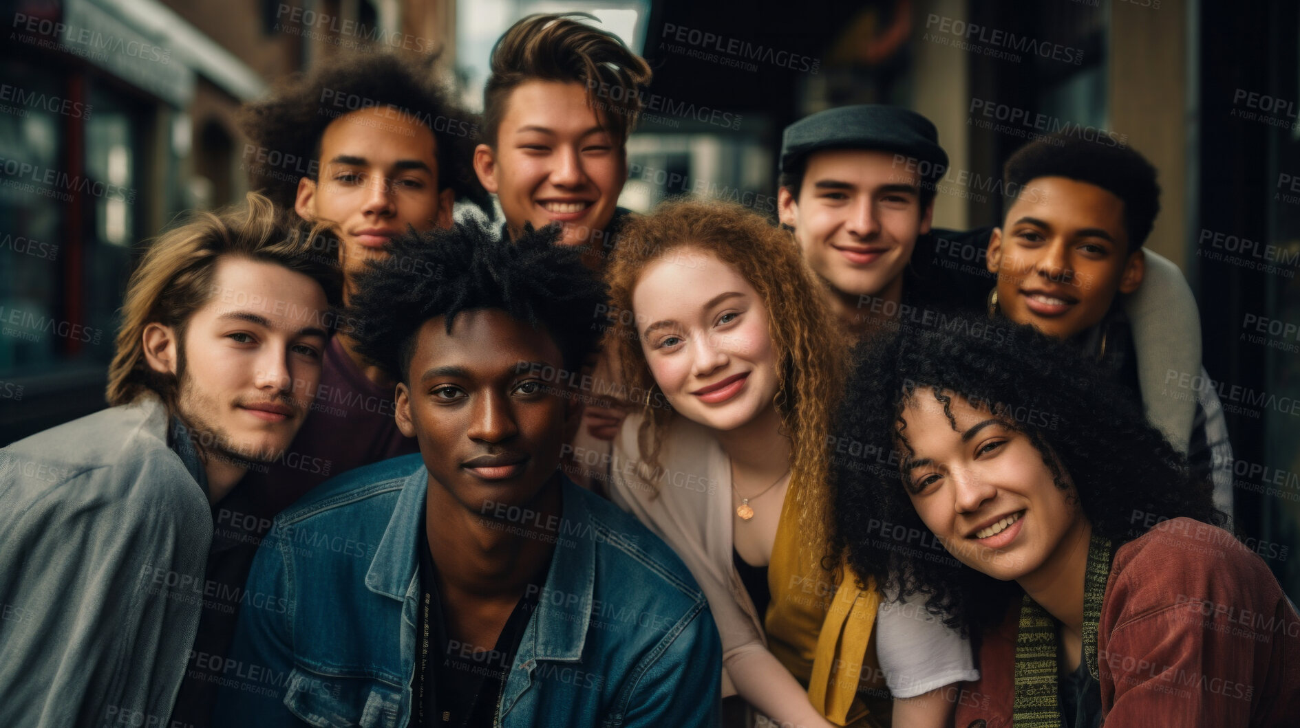 Buy stock photo Diverse, group and youth portrait of young students or a friends for inclusivity and diversity. Confident, people or best friends taking a selfie together, having fun for protest or human rights