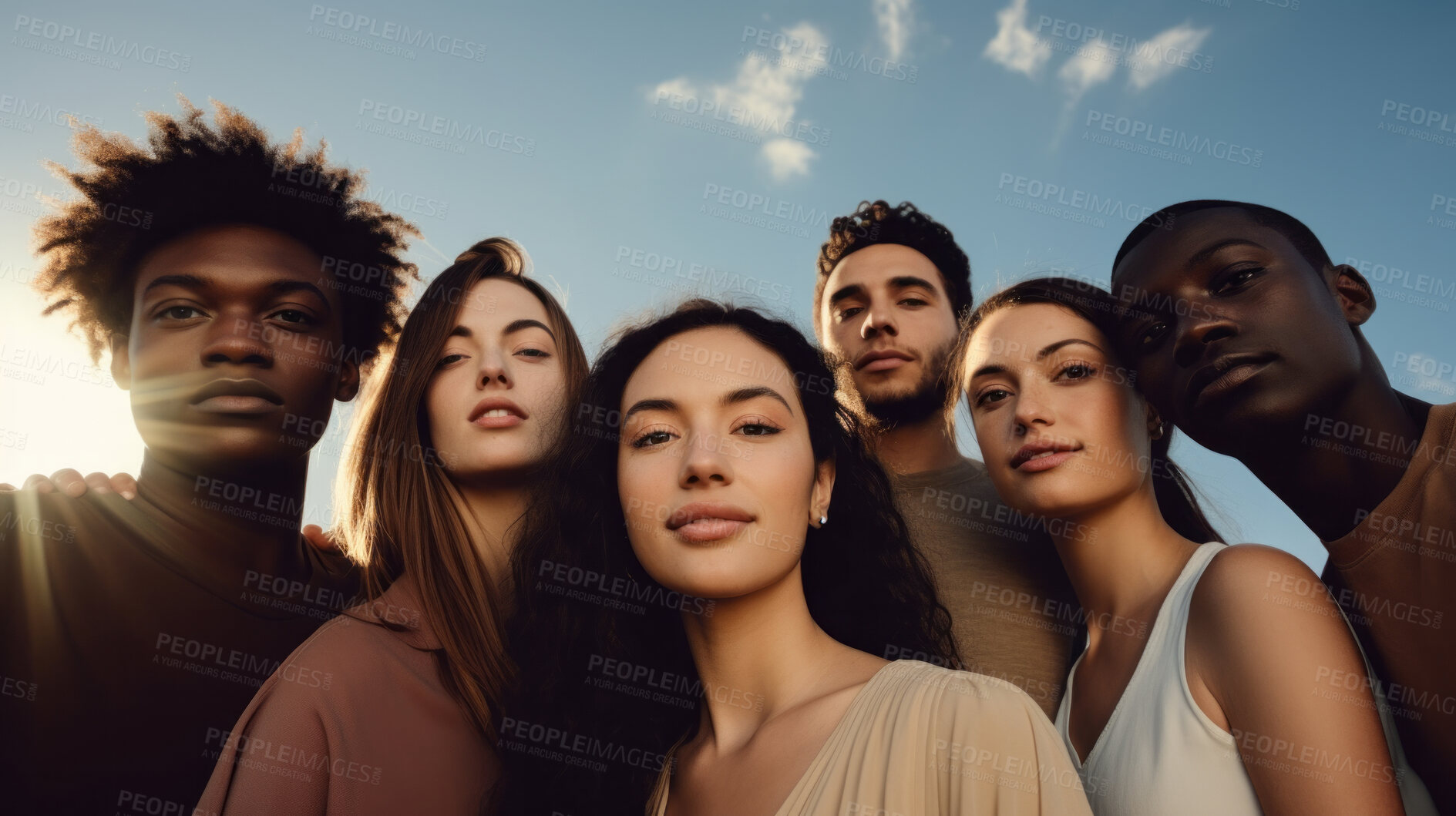 Buy stock photo Diverse, group and youth portrait of young students or a friends for inclusivity and diversity. Confident, people or best friends taking a selfie together, having fun for protest or human rights