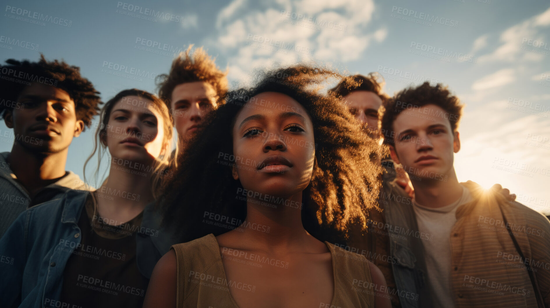 Buy stock photo Diverse, group and youth portrait of young students or a friends for inclusivity and diversity. Confident, people or best friends taking a selfie together, having fun for protest or human rights