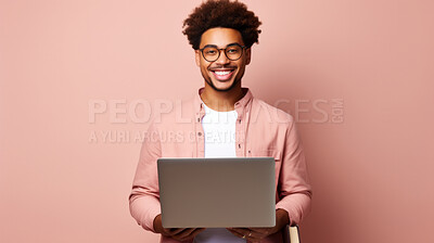 Happy, man and portrait of a young guy holding a laptop, for remote working, online education or business. Confident, African American male posing against a pink background in studio