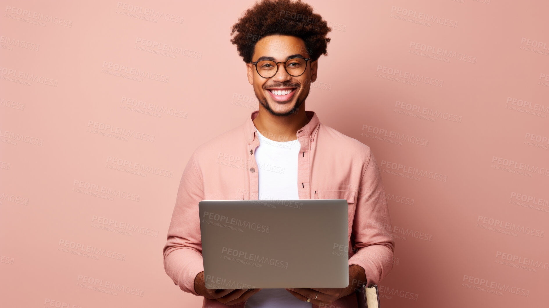 Buy stock photo Happy, man and portrait of a young guy holding a laptop, for remote working, online education or business. Confident, African American male posing against a pink background in studio