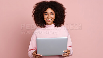 Happy, woman and portrait of a young girl holding a laptop, for remote working, online education or business. Confident, African American female posing against a pink background in studio