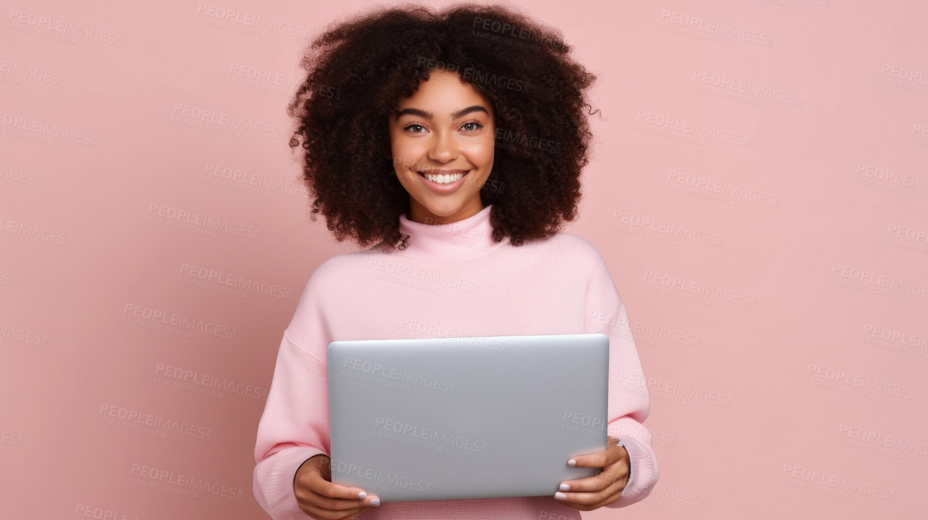 Buy stock photo Happy, woman and portrait of a young girl holding a laptop, for remote working, online education or business. Confident, African American female posing against a pink background in studio