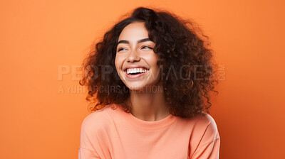 Buy stock photo Happy, woman and portrait of a student smiling, for beauty, hair and youth or higher education. Confident, American or European female posing against an orange background in studio