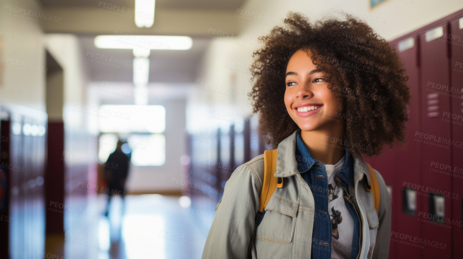 Buy stock photo Happy, woman or student portrait smiling wearing a backpack, at university, college or school. Confident, African American , and motivated youth female for education, learning and higher education