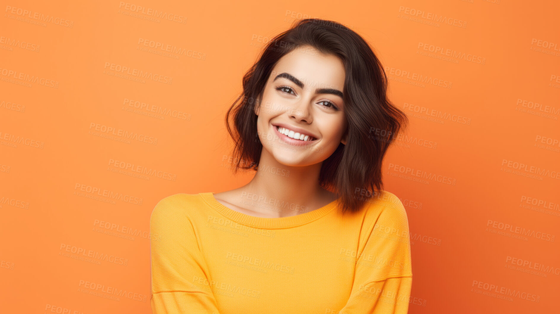 Buy stock photo Happy, woman and portrait of a student smiling, for beauty, hair and youth or higher education. Confident, American or European female posing against an orange background in studio