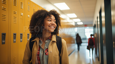 Happy, woman or student portrait smiling wearing a backpack, at university, college or school. Confident, African American , and motivated youth female for education, learning and higher education