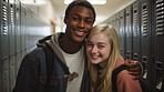 Happy, interracial couple and dating portrait, smiling wearing a backpack, in university, college or school. Confident, loving, and motivated youth male and female for education, learning and higher education