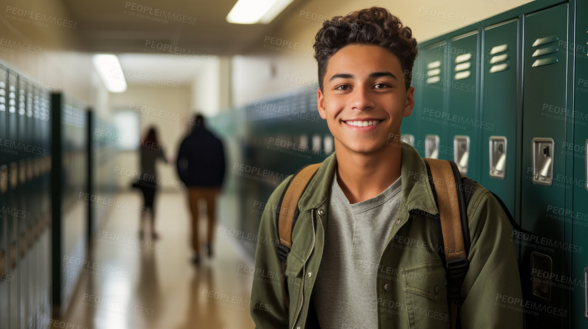 Buy stock photo Happy, man or student portrait smiling wearing a backpack, in university, college or school. Confident, Hispanic American, and motivated youth male for education, learning and higher education