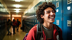 Happy, man or student portrait smiling wearing a backpack, in university, college or school. Confident, Hispanic American, and motivated youth male for education, learning and higher education
