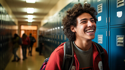Happy, man or student portrait smiling wearing a backpack, in university, college or school. Confident, Hispanic American, and motivated youth male for education, learning and higher education