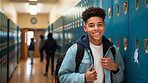 Happy, man or student portrait smiling wearing a backpack, in university, college or school. Confident, Hispanic American, and motivated youth male for education, learning and higher education