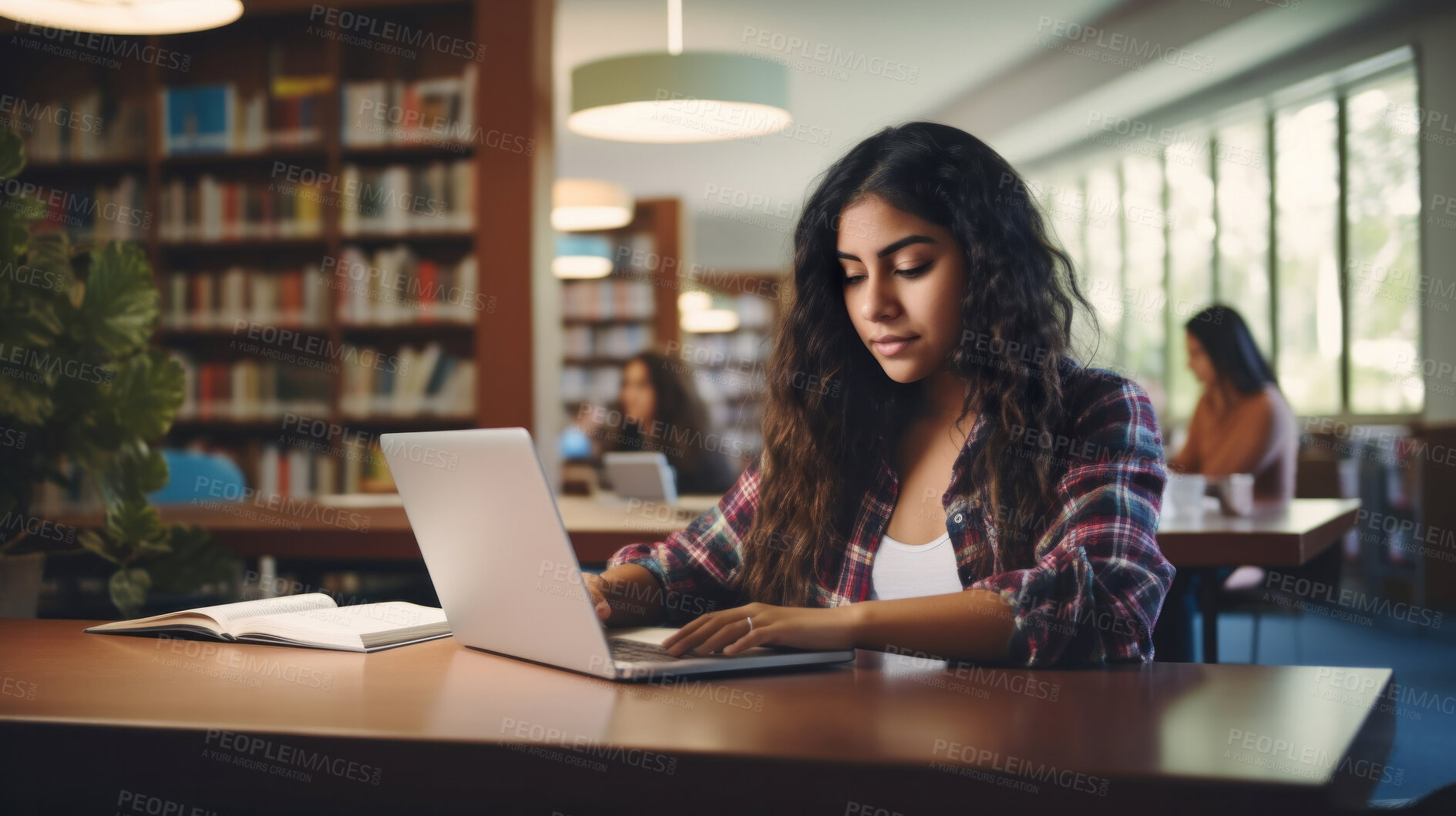 Buy stock photo Student, female and portrait of a young girl working, doing an assignment or researching on a laptop in a school or college library. Confident, Indian, female teen doing homework in an information centre